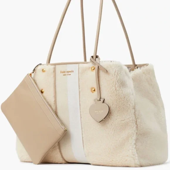 🆕 Kate Spade Everything Racing Stripe Faux Shearling Large Tote Cream Multi Bag